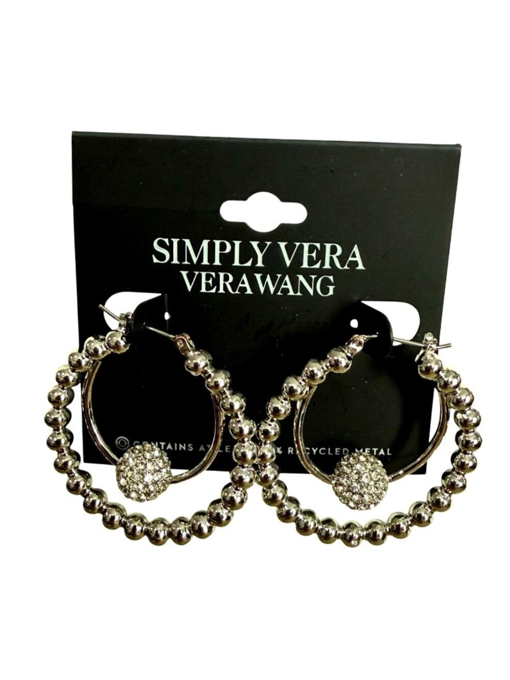 NEW Simply Vera Vera Wang 1.5" Silver Beaded Hoop Earrings Crystal Fireball Ctr